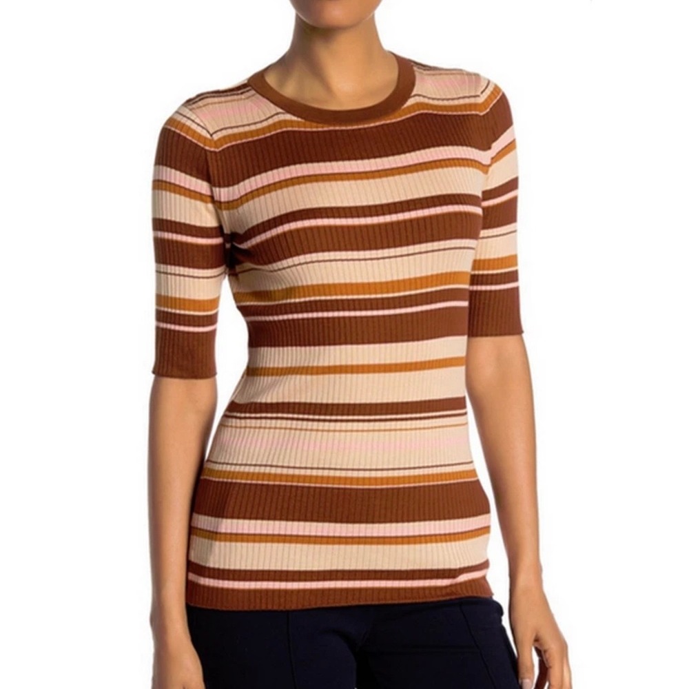Lafayette 148 New York Striped Ribbed Silk Cotton Knit Top Brown Pink Large